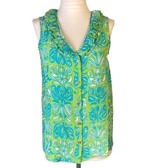 Lilly Pulitzer Tops - LILLY Pulitzer Reena Ruffle Sleeveless 100% SILK Top Size 2